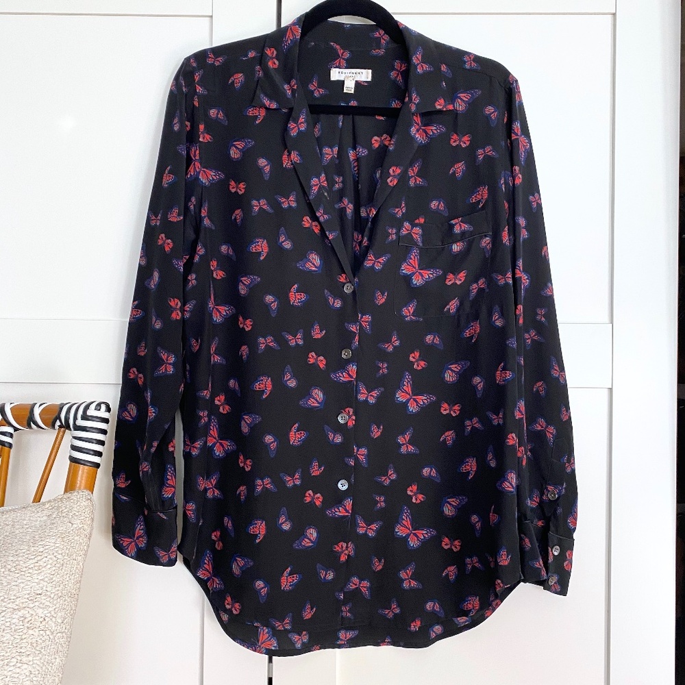EQUIPMENT Pajama Style Butterfly Print Silk Shirt